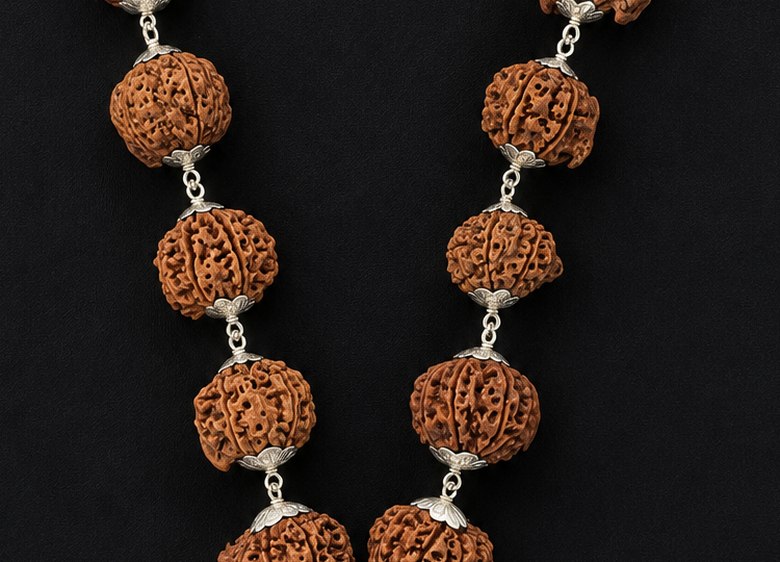 Close view of the larger Rudraksha beads and their natural clefts